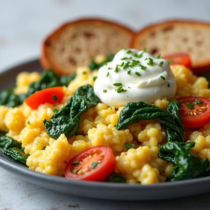 Egg White Veggie Scramble with Cottage Cheese and Sautéed Spinach
