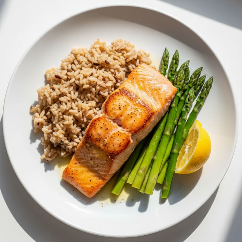 Seared Salmon Fillet with Steamed Asparagus and Brown Rice