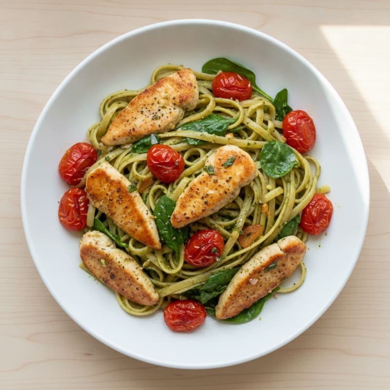 Pesto Chicken Linguine with Blistered Tomatoes