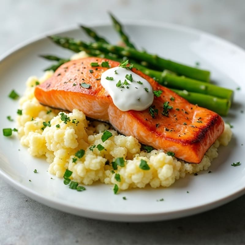 Seared Salmon with Steamed Asparagus and Cauliflower Mash