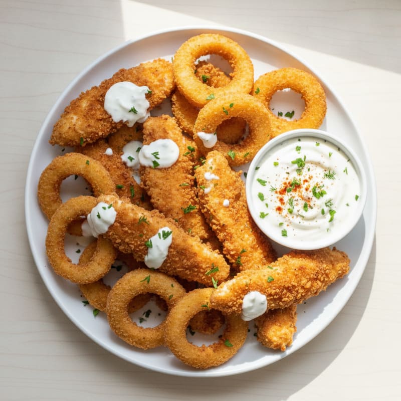 High-Protein Beer-Battered Onion Rings & Chicken Basket