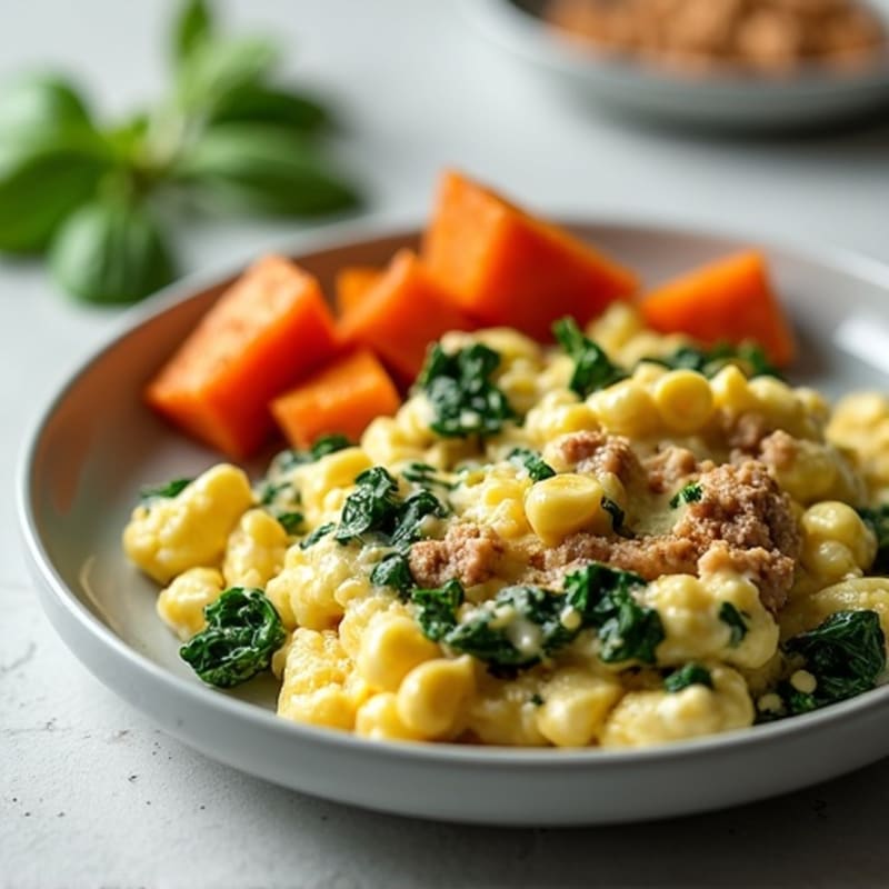 Egg White and Turkey Spinach Scramble with Roasted Sweet Potatoes