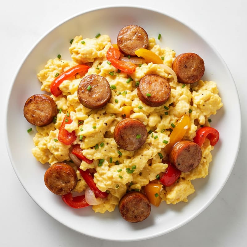 Creamy Scrambled Eggs with Chicken Sausage and Sautéed Bell Peppers