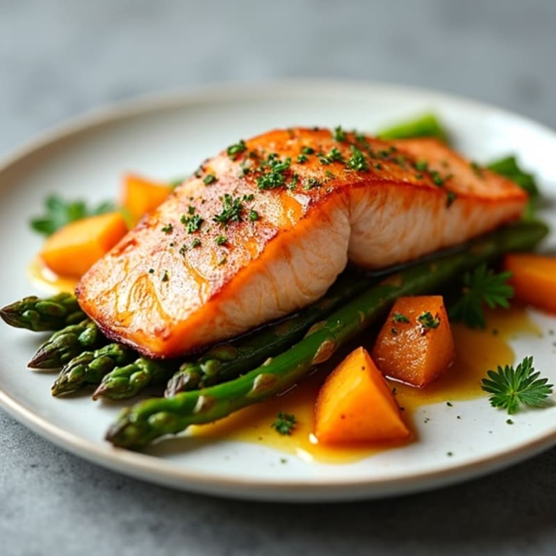 Seared Salmon with Roasted Sweet Potatoes and Asparagus