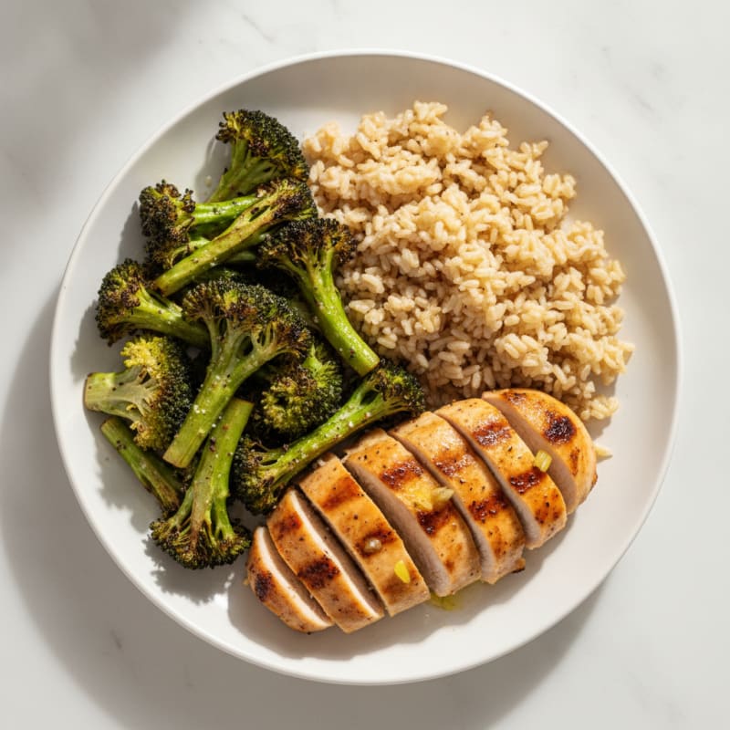 Grilled Chicken Breast with Brown Rice and Roasted Broccoli