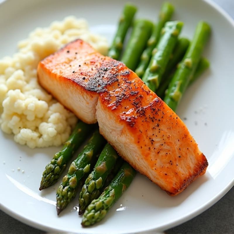 Seared Salmon with Steamed Asparagus and Cauliflower Mash