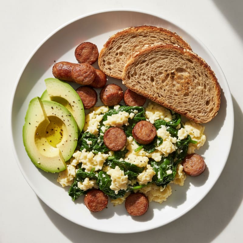 Egg White Spinach Scramble with Turkey Sausage