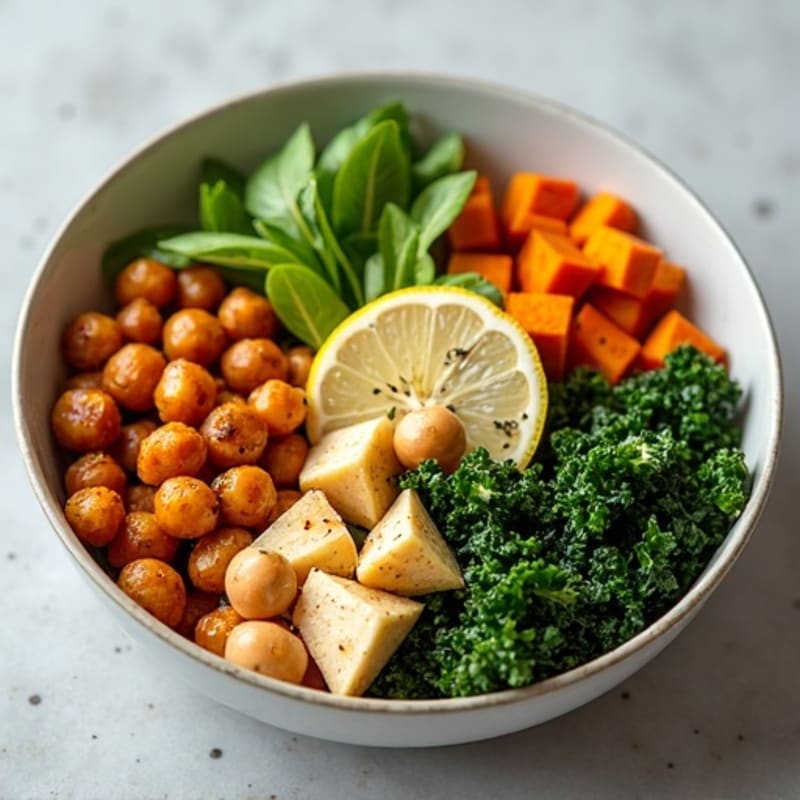 Crispy Roasted Chickpea and Sweet Potato Buddha Bowl with Creamy Tahini Dressing