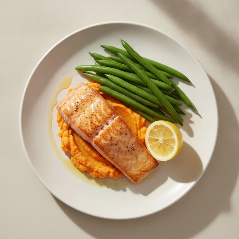 Seared Salmon with Steamed Green Beans and Sweet Potato Mash