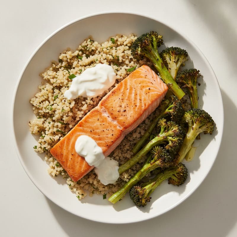 Seared Salmon with Roasted Broccoli and Herbed Quinoa