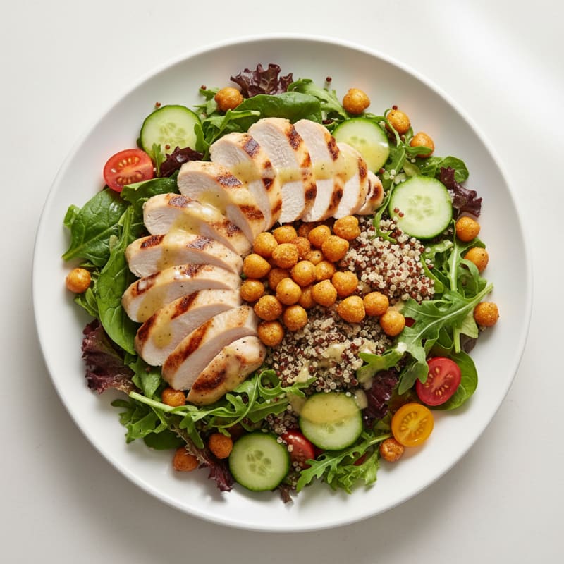 Grilled Chicken Breast Salad with Quinoa and Roasted Chickpeas