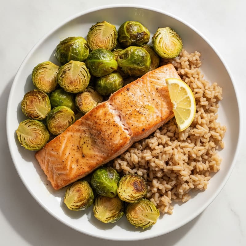 Seared Salmon Fillet with Roasted Brussels Sprouts and Brown Rice
