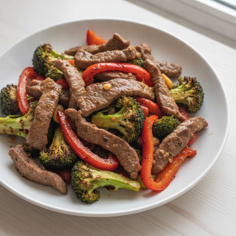 Seared Lean Beef Strips with Roasted Broccoli and Bell Peppers