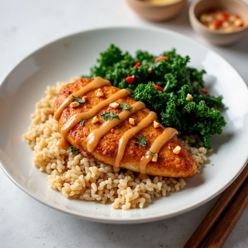 Crispy Peanut Chicken with Crunchy Sautéed Greens and Brown Rice