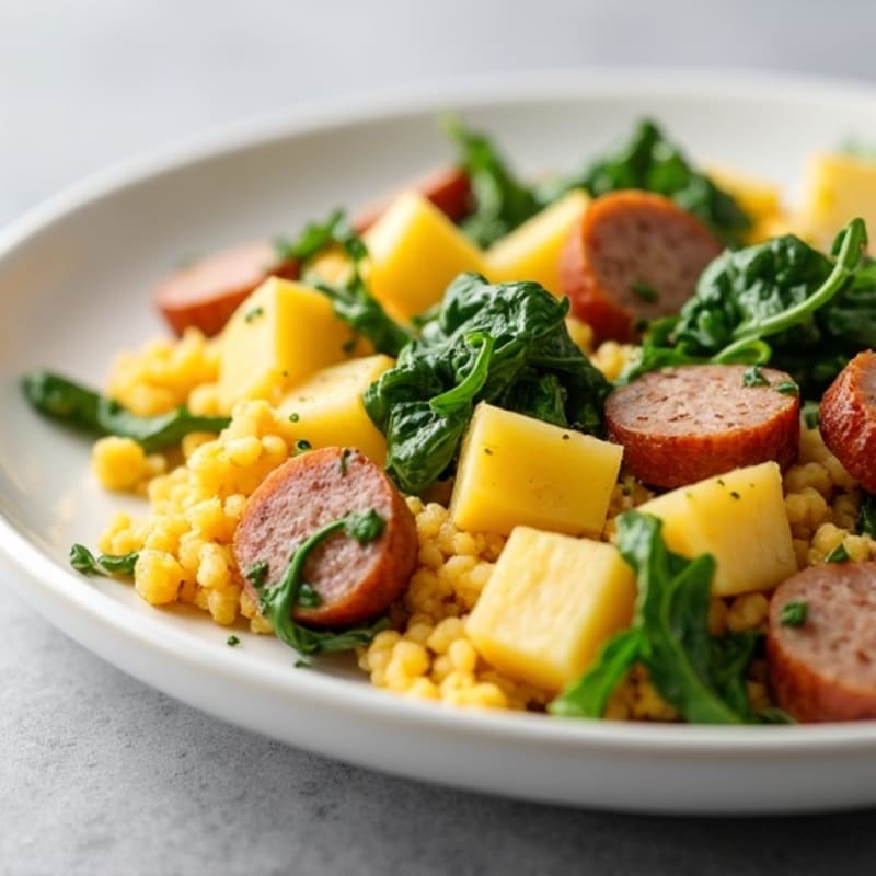 Egg White and Turkey Sausage Scramble with Spinach, Potatoes & Olive Oil