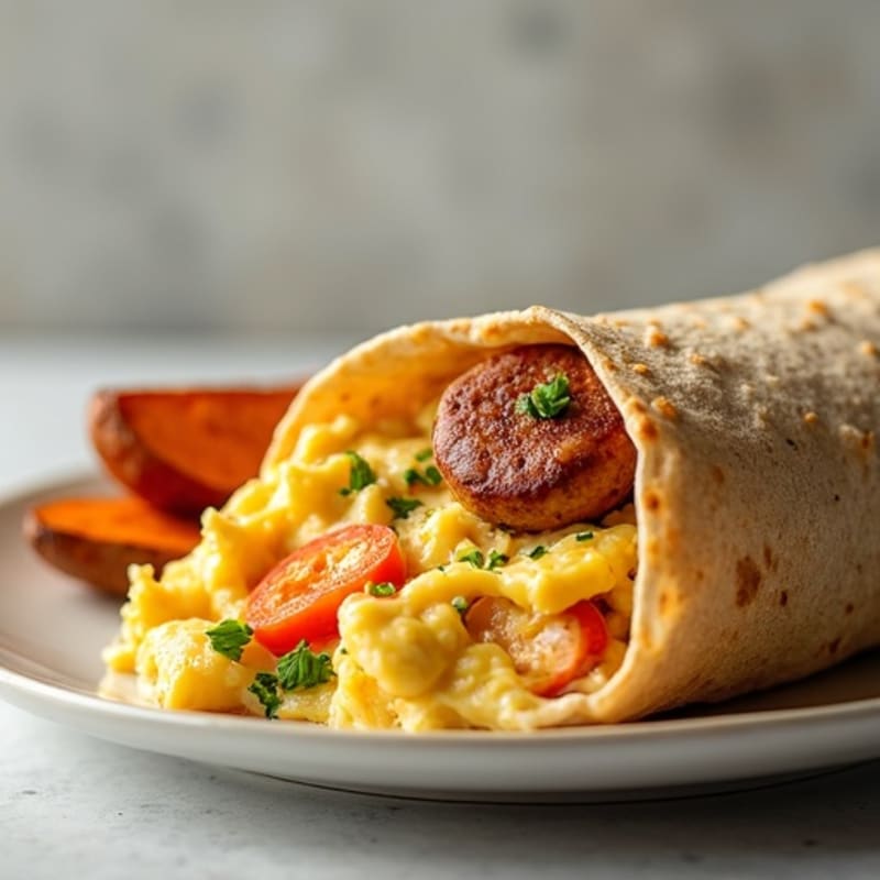Creamy Scrambled Egg and Lean Turkey Sausage Burrito with Crispy Roasted Sweet Potatoes
