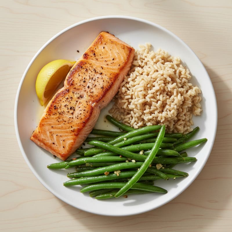 Seared Salmon with Garlic Green Beans and Brown Rice