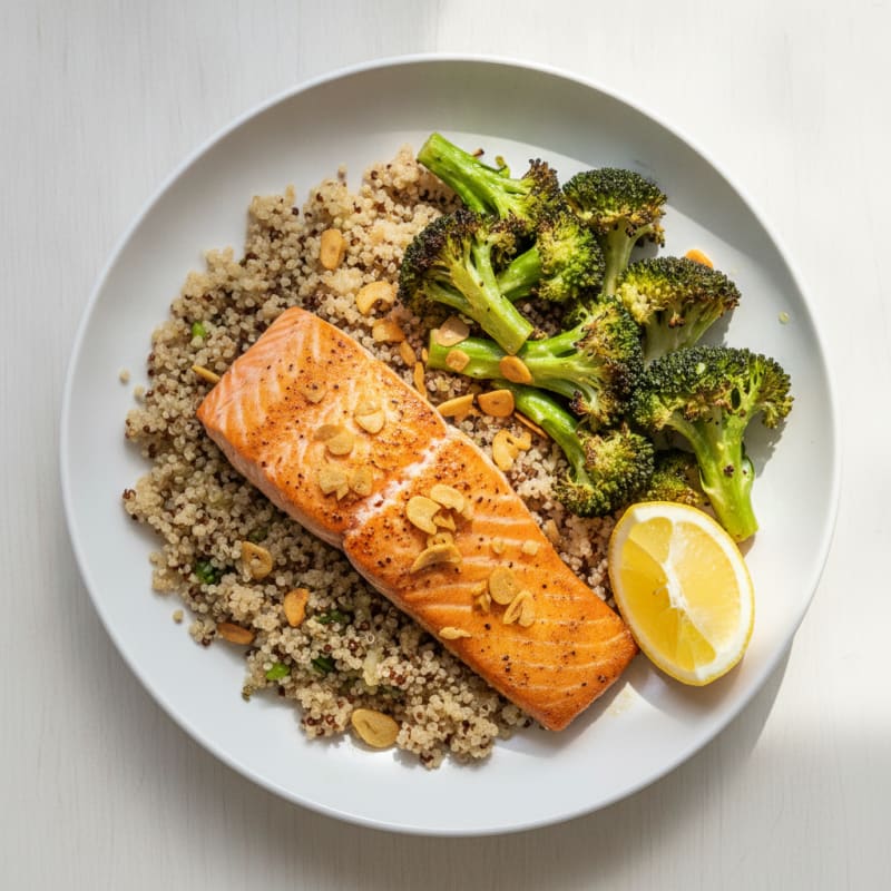 Seared Salmon Fillet with Roasted Broccoli and Quinoa