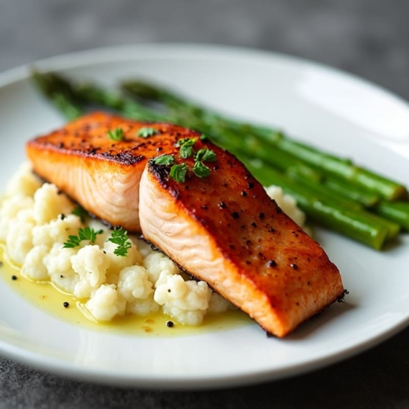 Seared Salmon with Steamed Asparagus and Cauliflower Mash