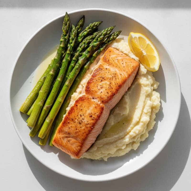 Seared Salmon with Roasted Asparagus and Garlic Cauliflower Mash