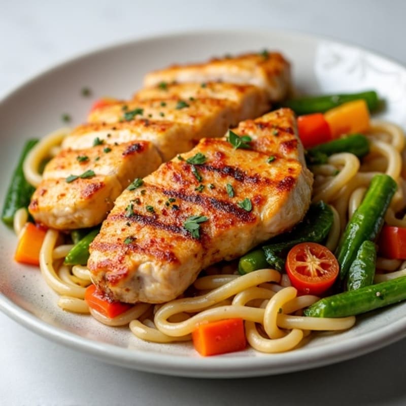 Garlic Ginger Chicken with Sautéed Noodles and Crispy Vegetables