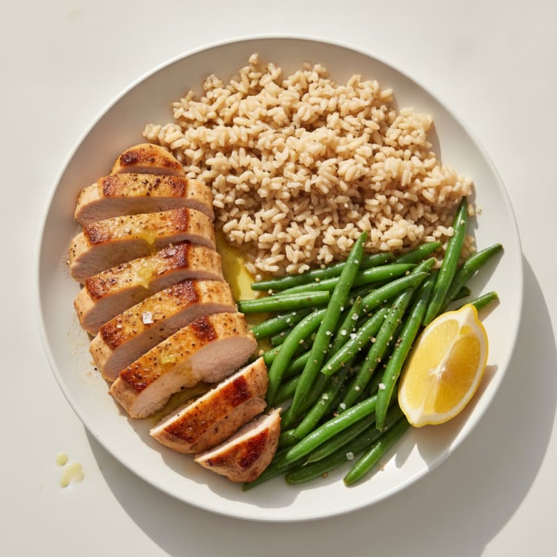 Seared Turkey Breast with Steamed Green Beans and Brown Rice
