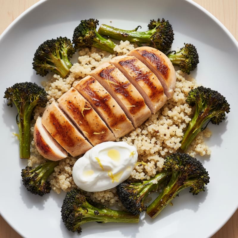 Grilled Chicken Breast with Creamy Quinoa and Roasted Broccoli