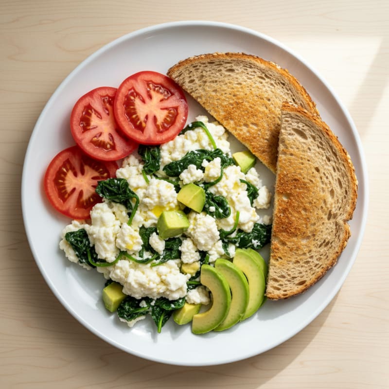 Egg White Spinach Scramble with Cottage Cheese and Fresh Tomato
