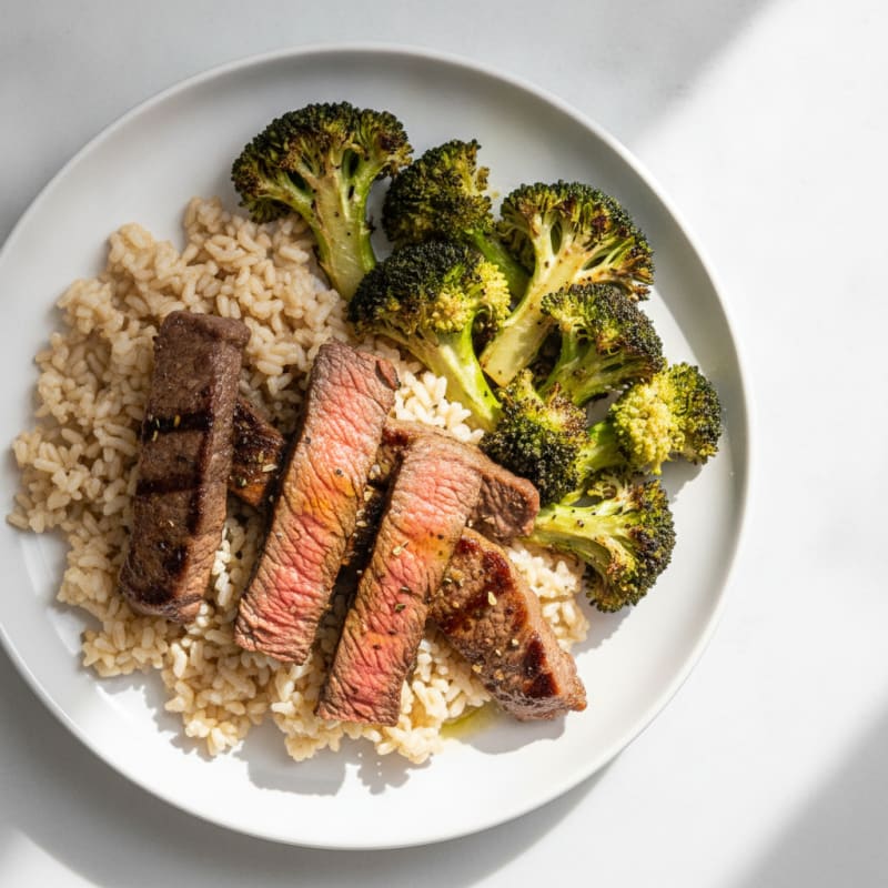 Grilled Beef Strips with Brown Rice and Roasted Broccoli