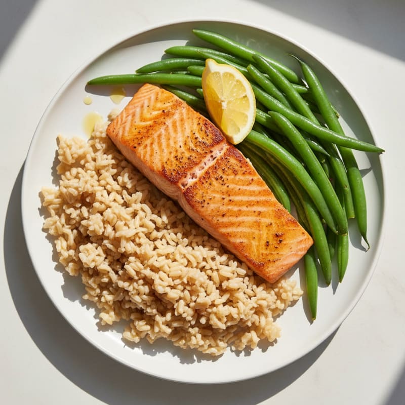 Seared Salmon with Steamed Green Beans and Brown Rice