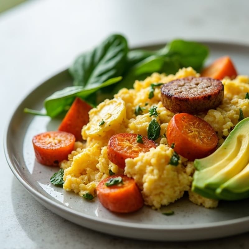 Egg White and Turkey Sausage Scramble with Spinach and Roasted Sweet Potato