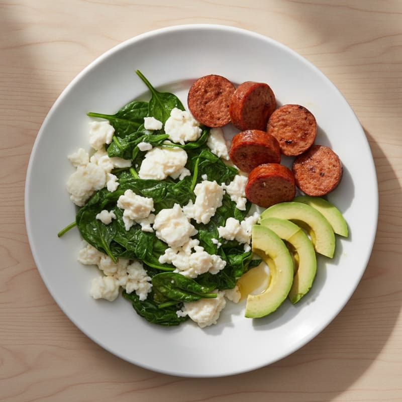 Scrambled Egg Whites with Sautéed Spinach and Grilled Turkey Sausage