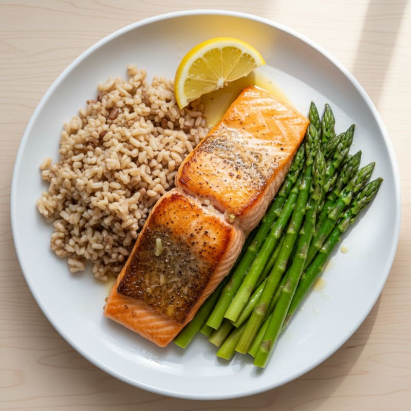 Seared Salmon with Steamed Asparagus and Brown Rice