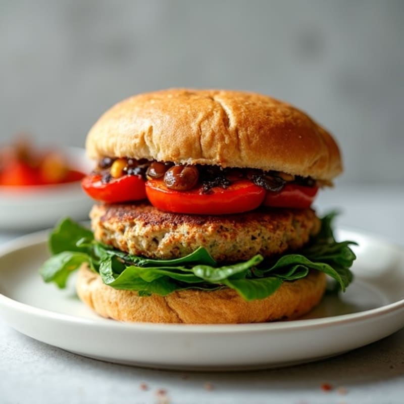 Juicy Turkey Burger with Sautéed Spinach and Roasted Bell Peppers