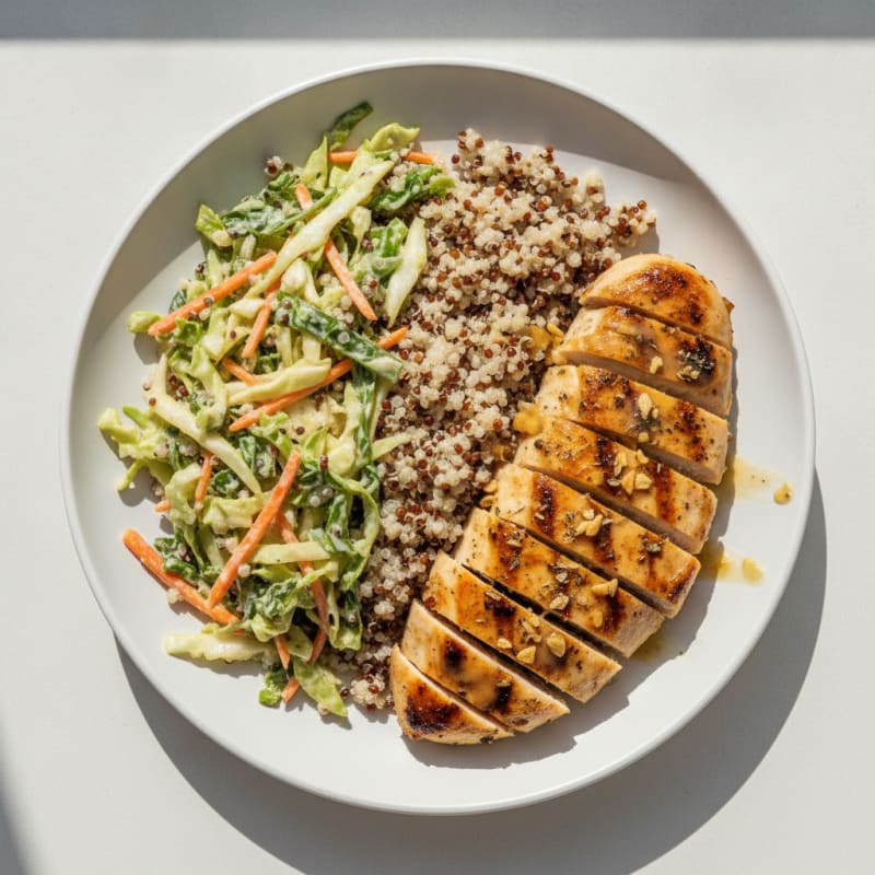 Grilled Chicken Breast with Crunchy Cabbage Slaw and Quinoa