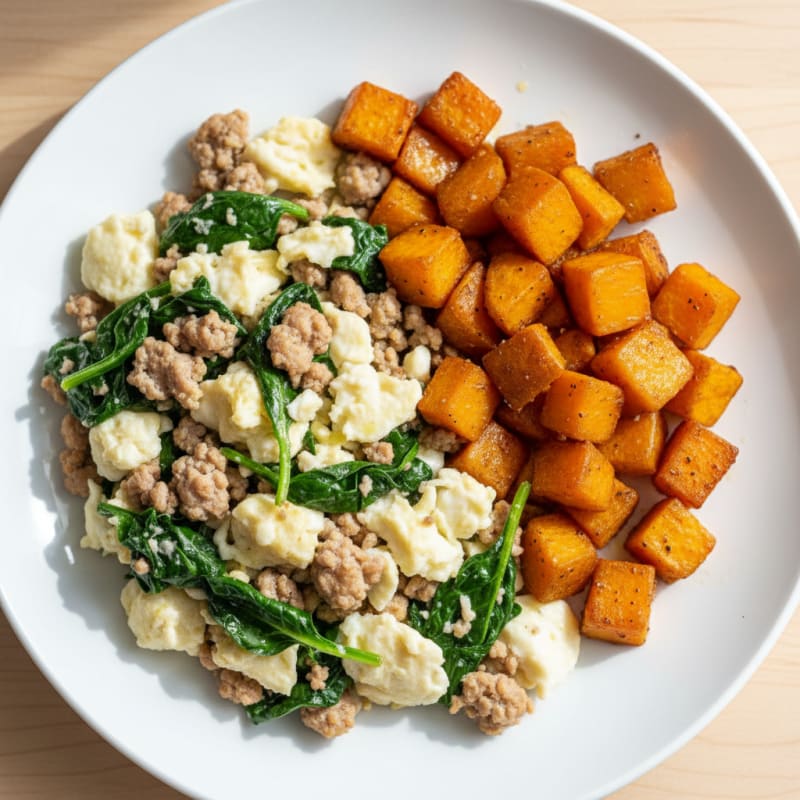 Egg White and Turkey Spinach Scramble with Roasted Sweet Potato