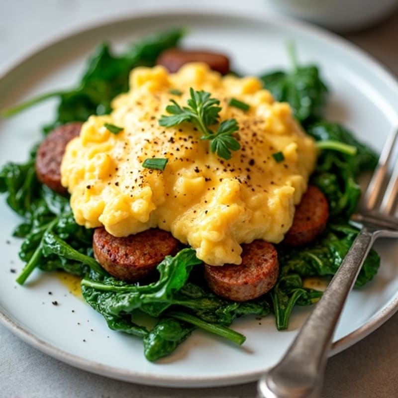 Egg White and Turkey Sausage Scramble with Sautéed Spinach