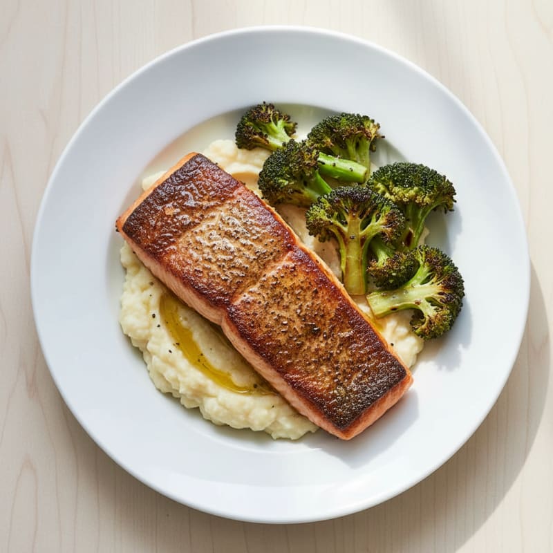 Seared Salmon Fillet with Roasted Broccoli and Garlic Mashed Cauliflower