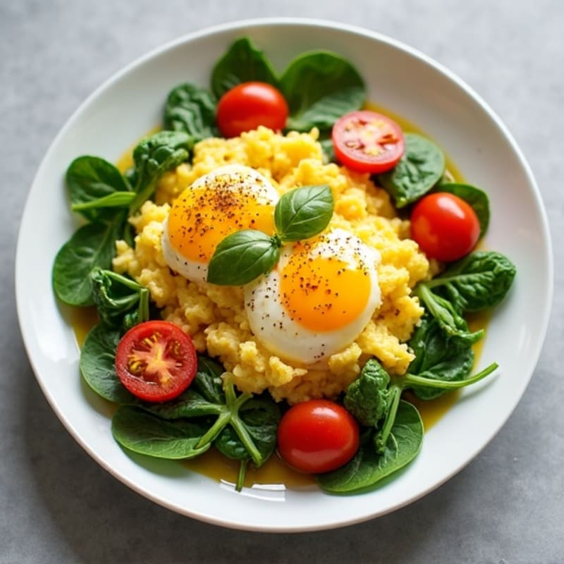 Fluffy Scrambled Eggs with Fresh Spinach and Cherry Tomatoes