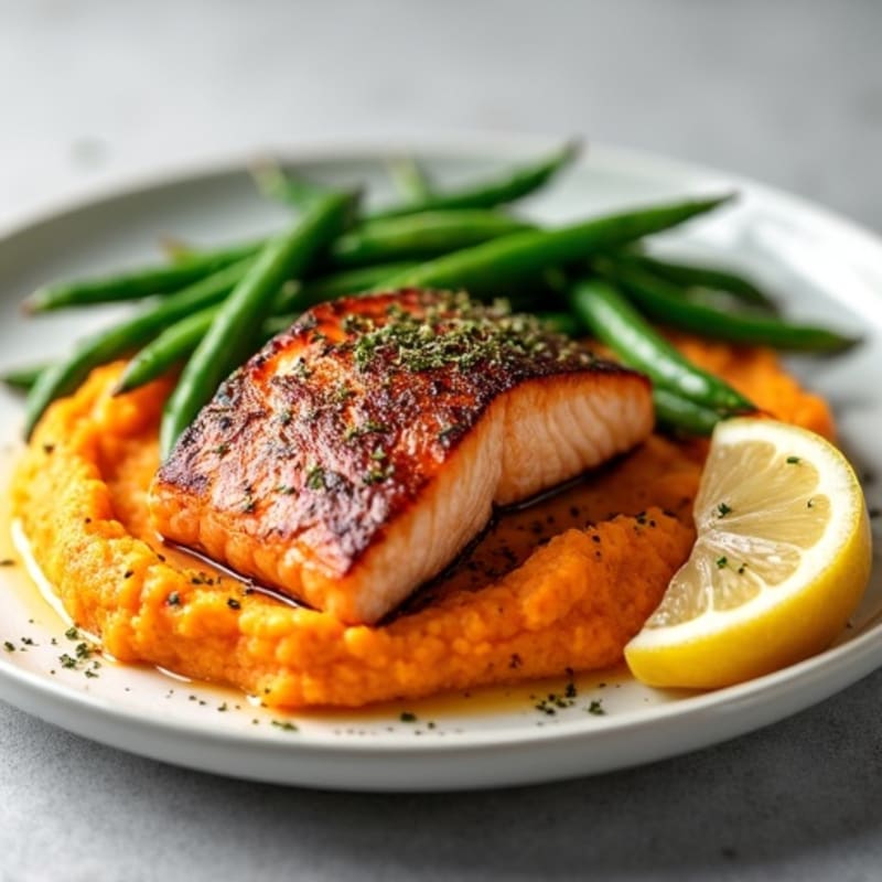 Seared Salmon with Garlic Green Beans and Sweet Potato Mash