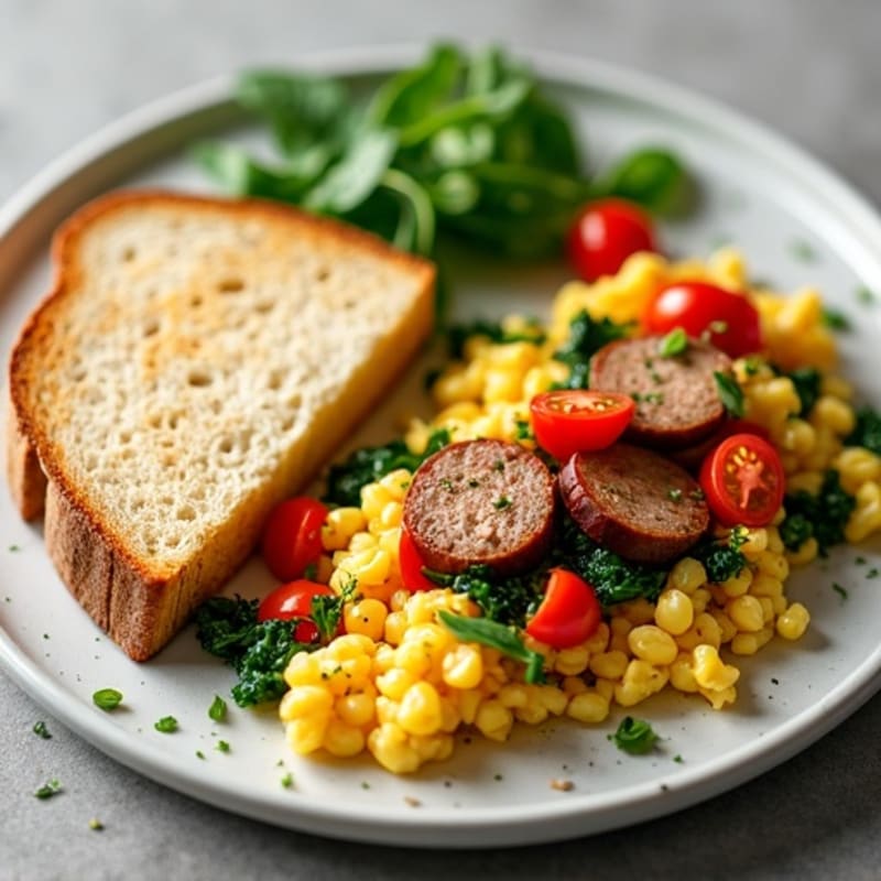 Egg White and Turkey Sausage Scramble with Spinach, Tomatoes & Toast