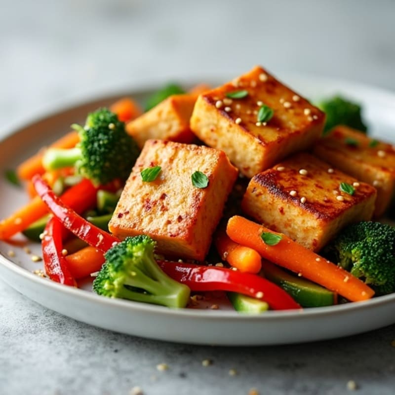Crispy Sesame-Glazed Tofu with Ginger Stir-Fried Vegetables