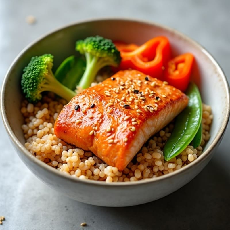 Sesame Salmon and Fresh Vegetable Rice Bowl