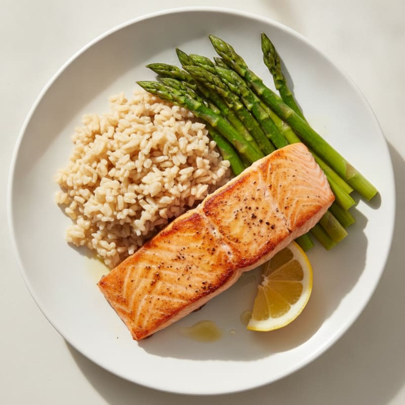 Seared Salmon Fillet with Steamed Asparagus and Brown Rice