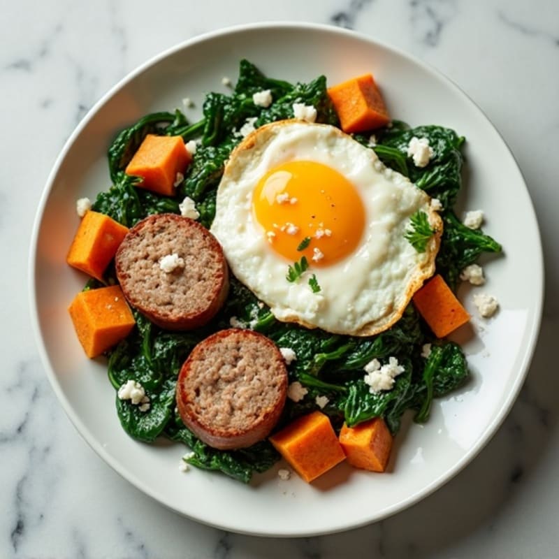 Egg White and Turkey Sausage Scramble with Sautéed Spinach