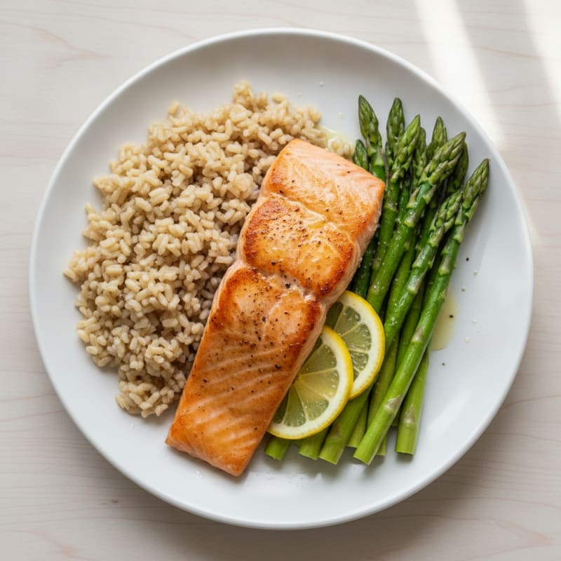 Seared Salmon with Steamed Asparagus and Brown Rice