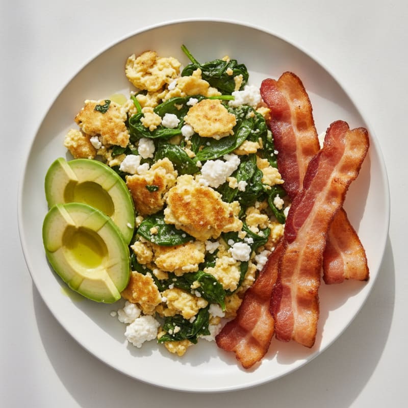 Cottage Cheese Scramble with Spinach and Turkey Bacon