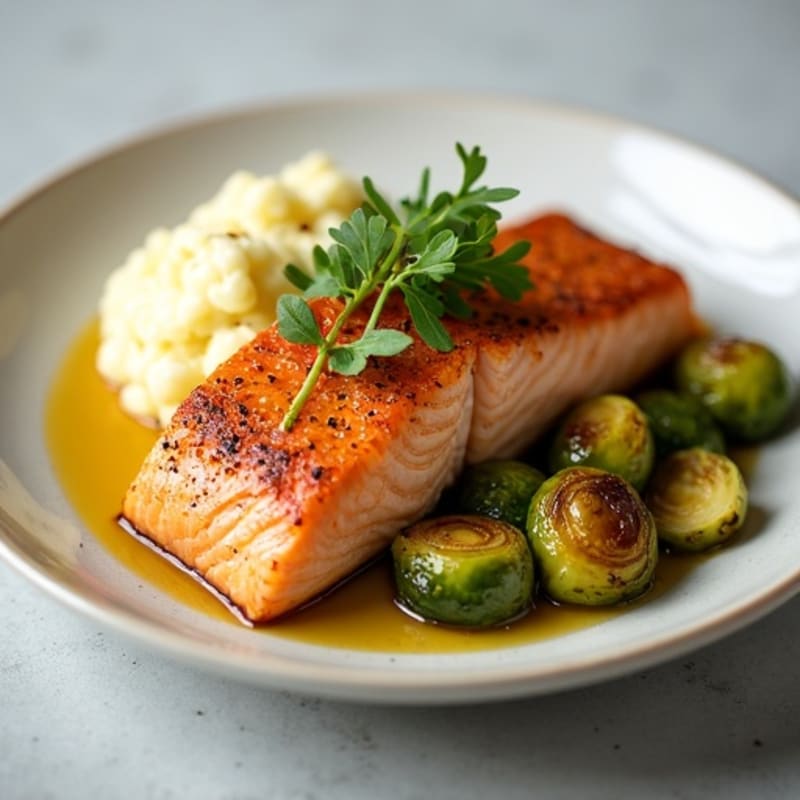 Seared Salmon Fillet with Roasted Brussels Sprouts and Cauliflower Mash