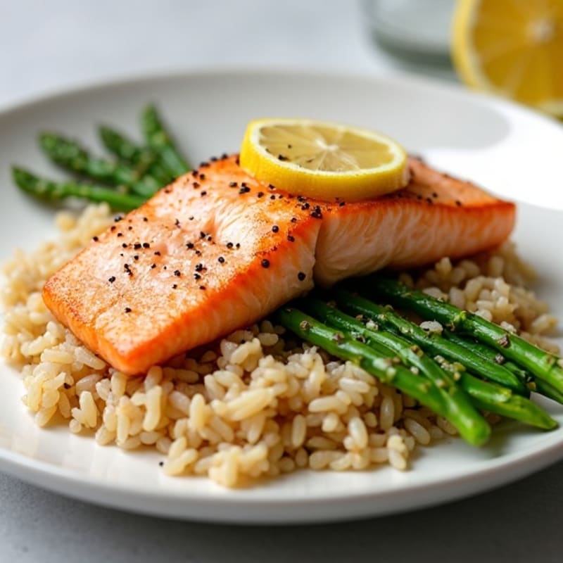 Pan-Seared Salmon with Steamed Asparagus and Brown Rice