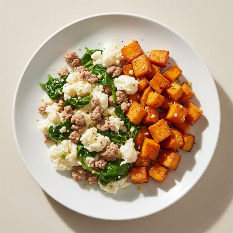 Egg White and Turkey Spinach Scramble with Roasted Sweet Potato